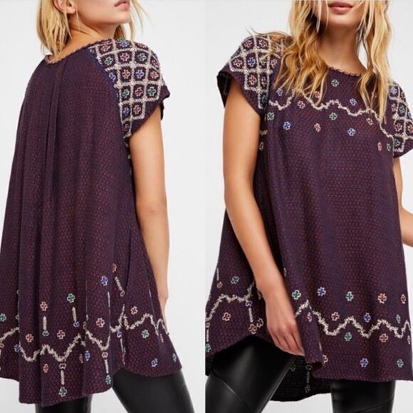 Free People IN THE CLOUDS Dark Knit Embroidered Sweater Tunic / Mini Dress - Picture 4 of 16